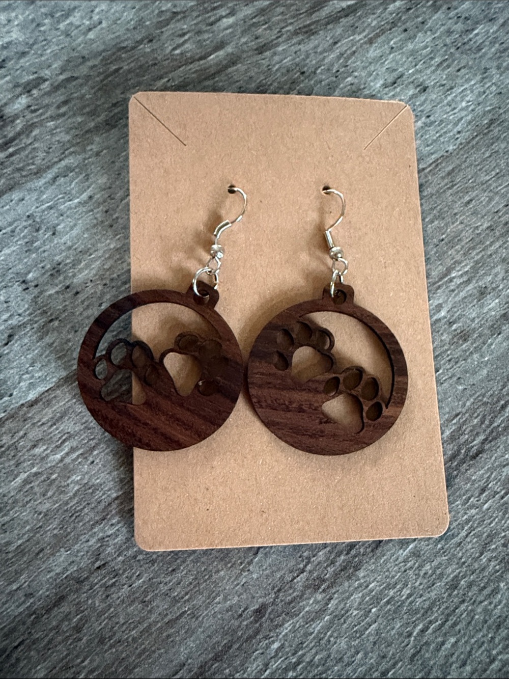 Hand Crafted Brown Wooden Paw Print Dangle Earrings
